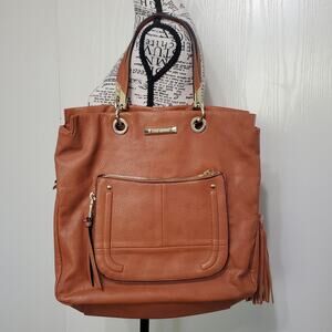 Steve Madden Large Camel Cognac Tote Outside Zip Pocket Gold Hardware